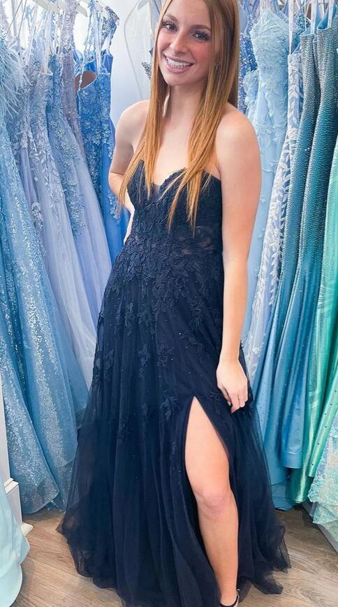 Strapless Floral Appliques A-line Long Prom Dress with Slit