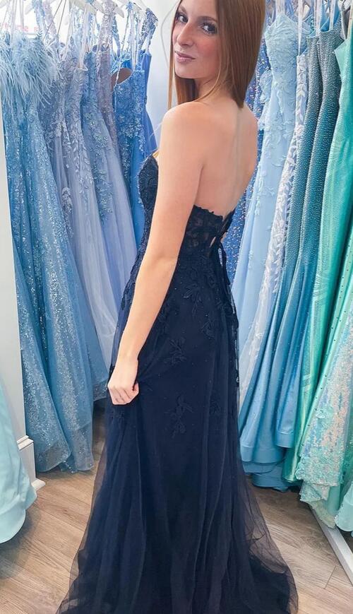 Strapless Floral Appliques A-line Long Prom Dress with Slit