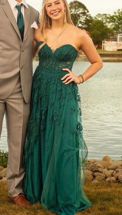Strapless Floral Appliques A-line Long Prom Dress with Slit
