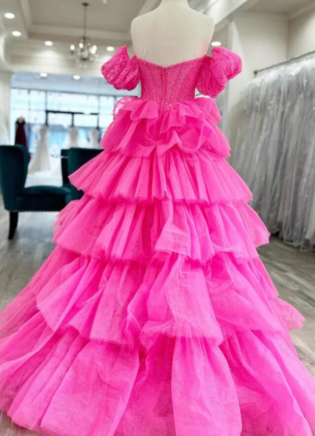 Off Shoulder Fluffy Layered Hot Pink Lace Long Prom Dress