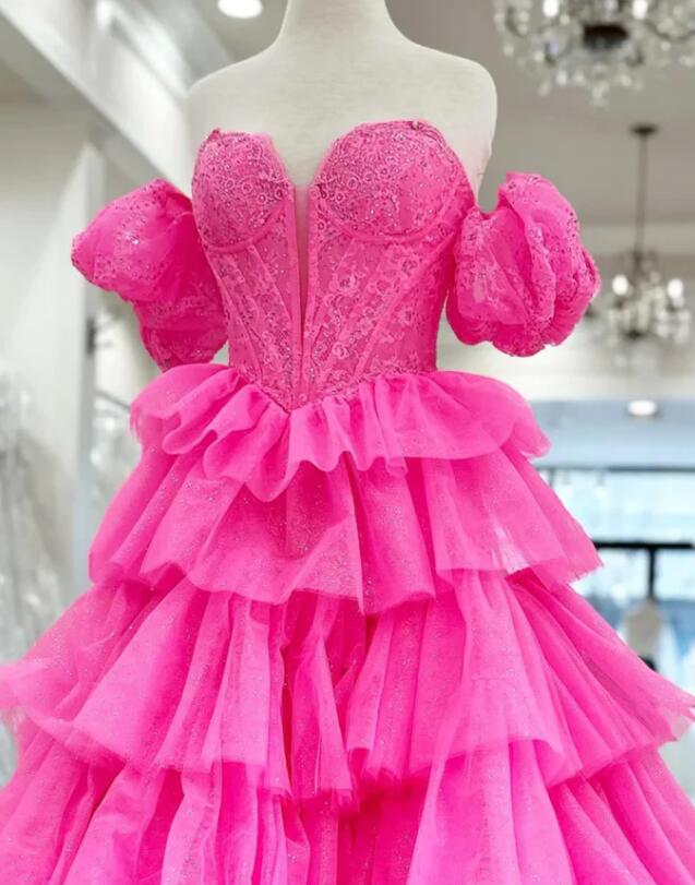 Off Shoulder Fluffy Layered Hot Pink Lace Long Prom Dress