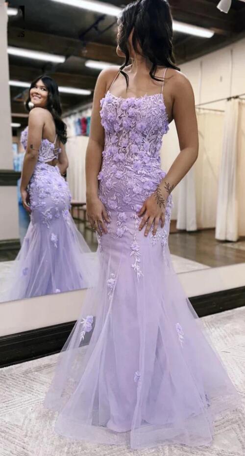 Open Back Mermaid Lilac Lace Floral Long Prom Dress