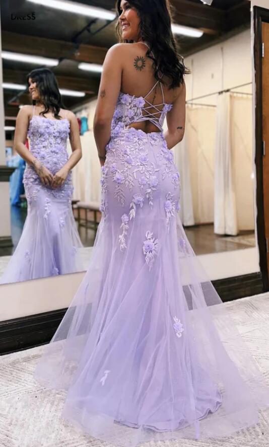 Open Back Mermaid Lilac Lace Floral Long Prom Dress