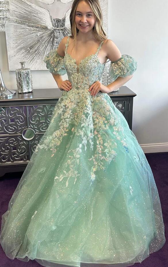 Straps Sequins Lace/Tulle Long Prom Dress with Detachable Sleeves