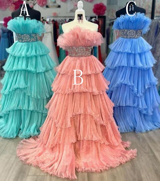 Organza Pleated Long Prom Dress with Ruffle Tiered Skirt and Beading –  DressesTailor