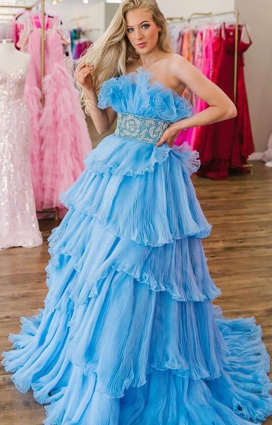 Organza Pleated Long Prom Dress with Ruffle Tiered Skirt and Beading