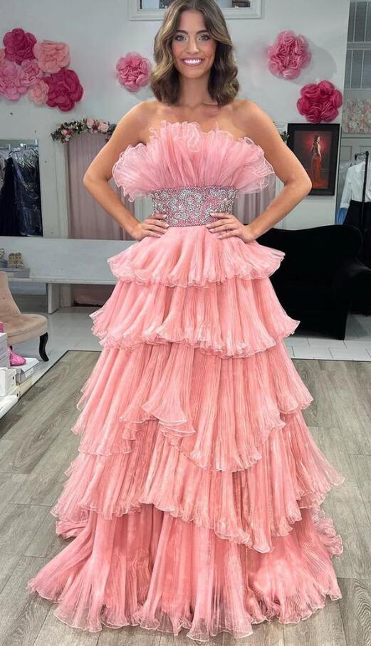 Organza Pleated Long Prom Dress with Ruffle Tiered Skirt and Beading