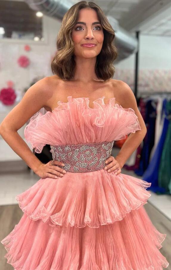 Organza Pleated Long Prom Dress with Ruffle Tiered Skirt and Beading