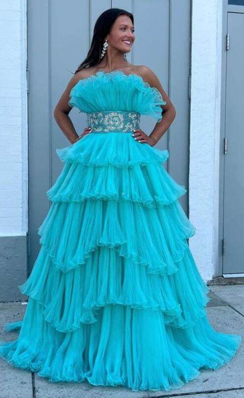 Organza Pleated Long Prom Dress with Ruffle Tiered Skirt and Beading