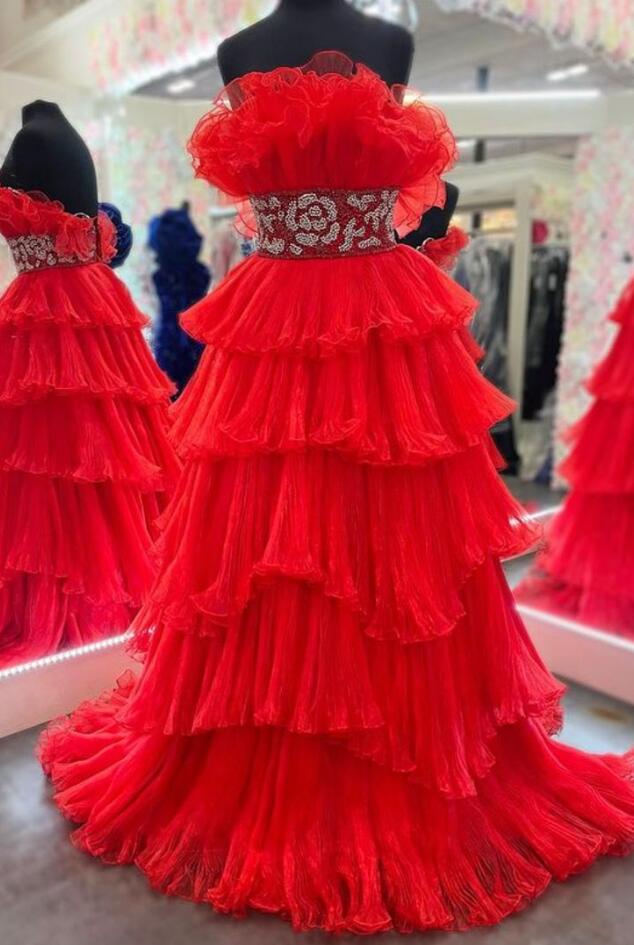 Organza Pleated Long Prom Dress with Ruffle Tiered Skirt and Beading