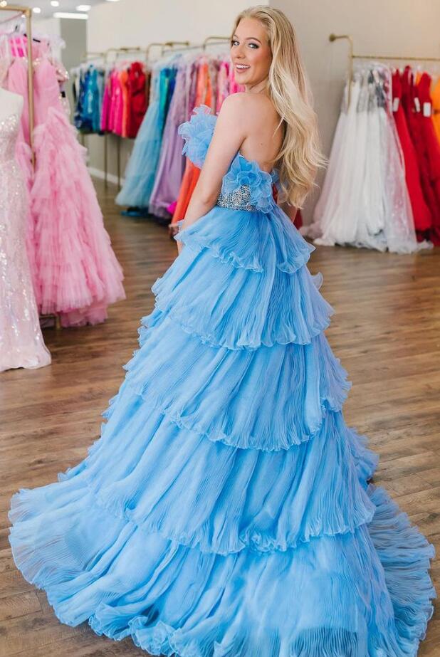Organza Pleated Long Prom Dress with Ruffle Tiered Skirt and Beading