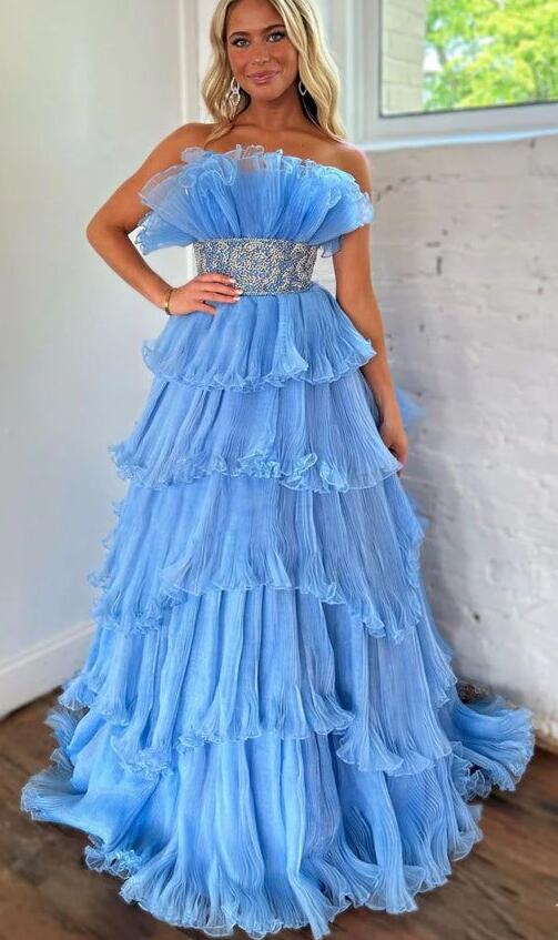 Organza Pleated Long Prom Dress with Ruffle Tiered Skirt and Beading
