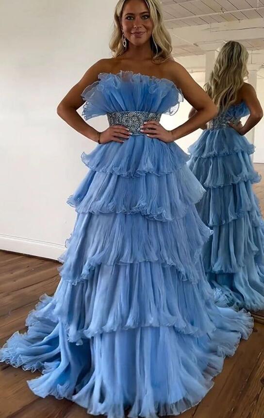 Organza Pleated Long Prom Dress with Ruffle Tiered Skirt and Beading