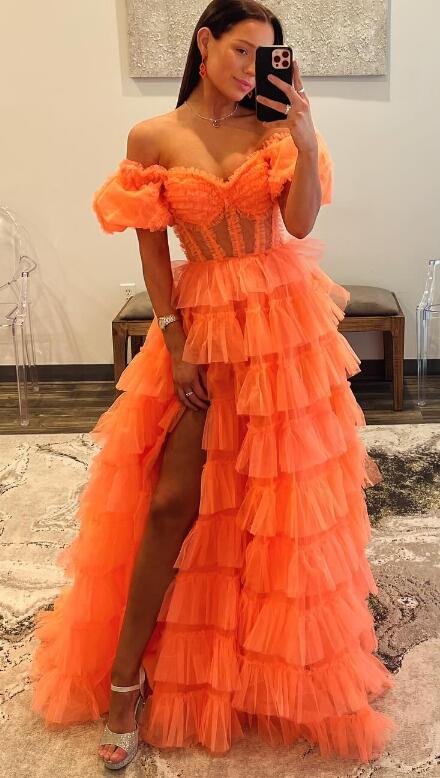 Off the Shoulder Tulle Long Prom Dress with Corset Bodice and Ruffle Skirt