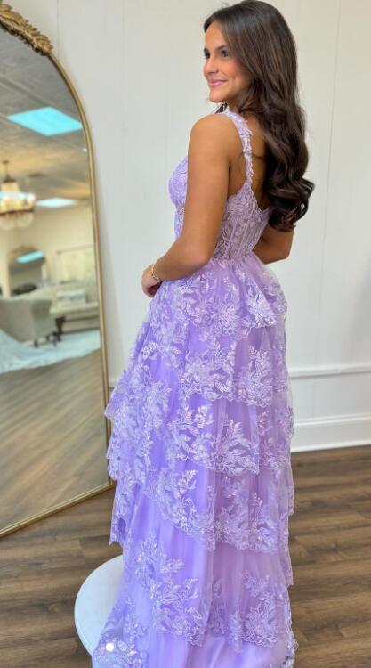 Straps Tulle/Lace A-line Long Prom Dress with Ruffle Skirt