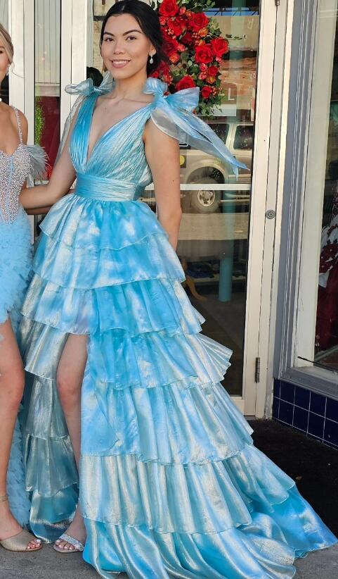 V-neck Open Back Ball Gown Long Prom Dress with Ruffle Skirt