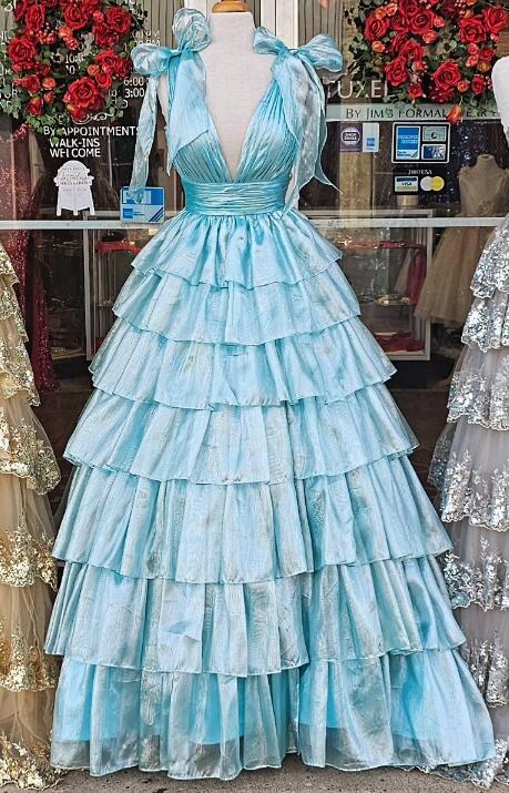 V-neck Open Back Ball Gown Long Prom Dress with Ruffle Skirt