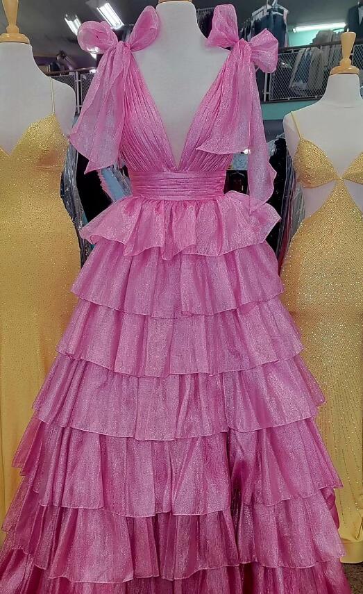 V-neck Open Back Ball Gown Long Prom Dress with Ruffle Skirt