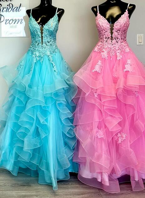 Straps Ball Gown Long Prom Dress with Lace Top and Ruffle Skirt
