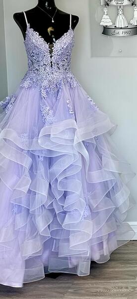 Straps Ball Gown Long Prom Dress with Lace Top and Ruffle Skirt
