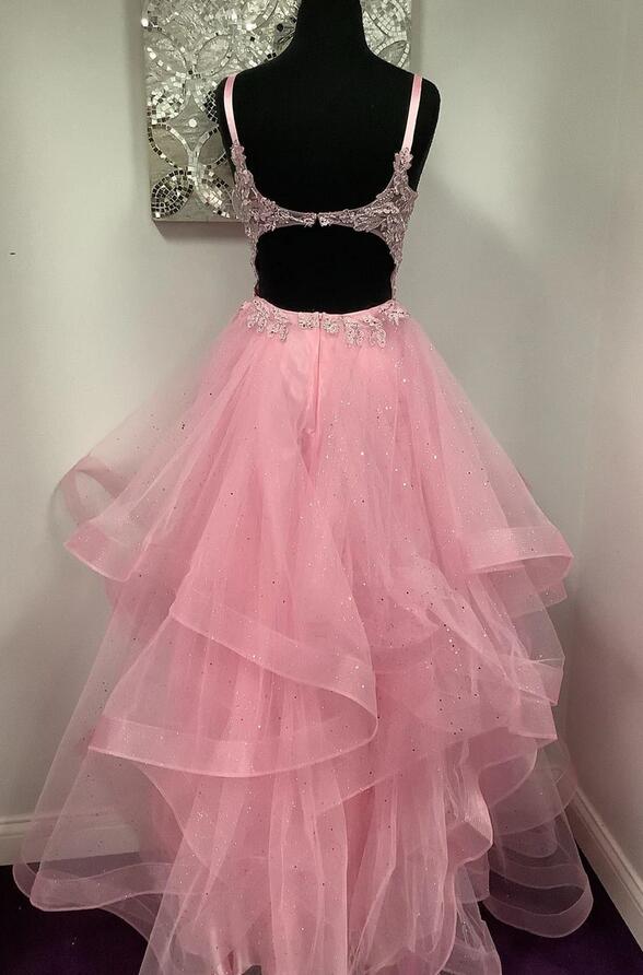 Ball Gown Long Prom Dress with Lace Top and Ruffle Skirt