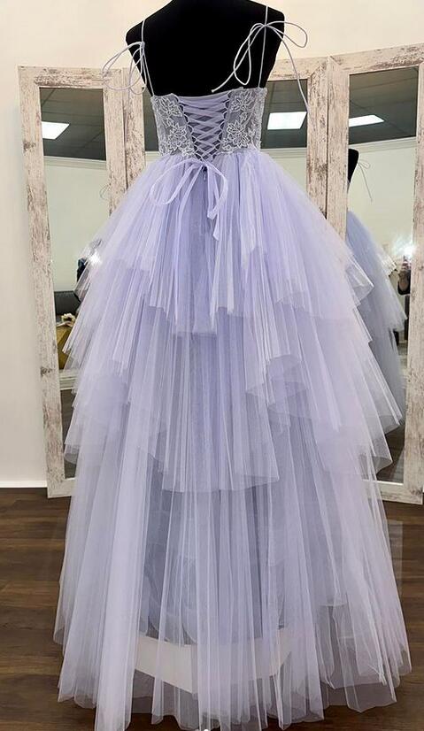 Straps Long Prom Dress with Lace Top and Ruffle Skirt