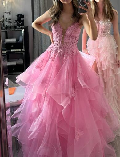 Straps Ball Gown Long Prom Dress with Lace Top and Ruffle Skirt