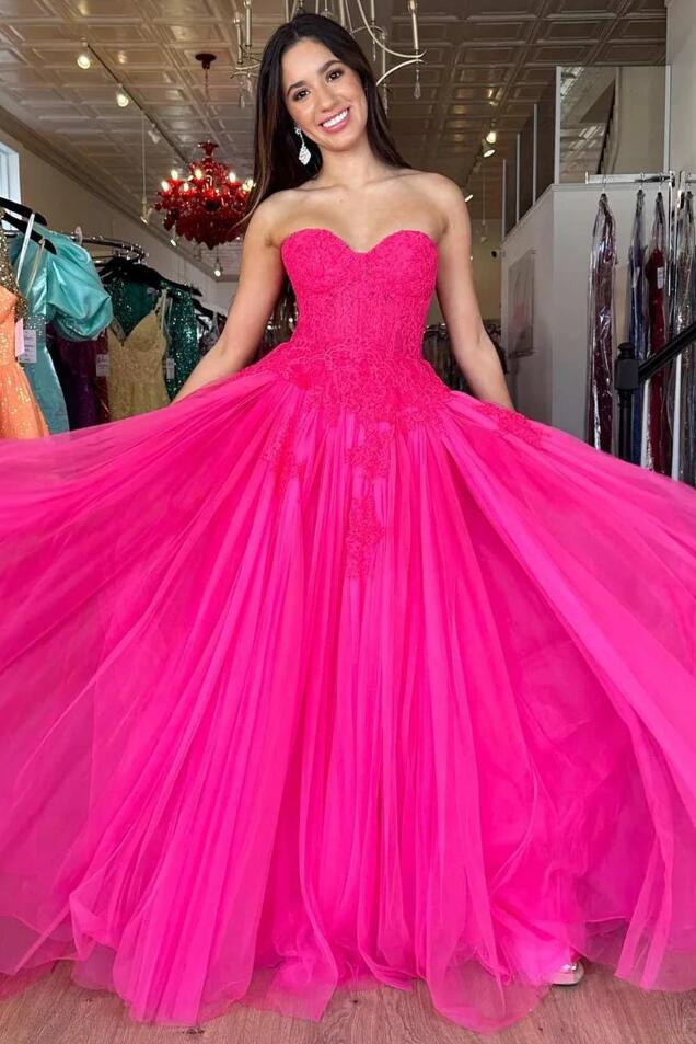 Strapless Tulle A-line Long Prom Dress with Lace Top