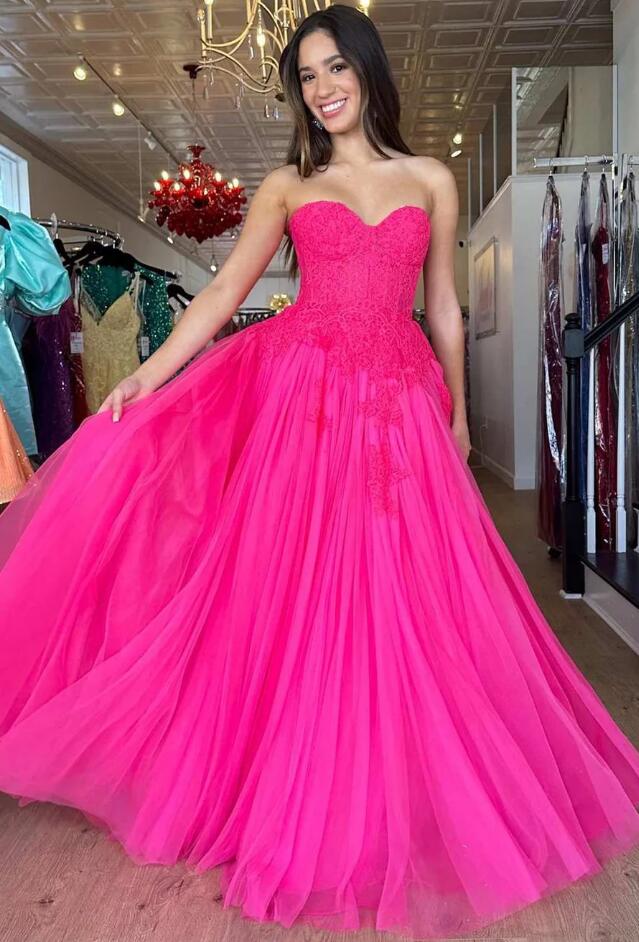 Strapless Tulle A-line Long Prom Dress with Lace Top