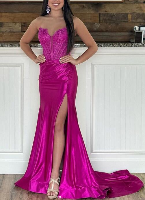 Strapless Satin Long Prom Dress with Lace Bodice and Removable Sleeves