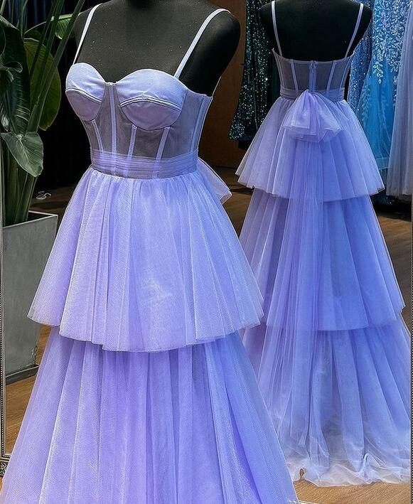 Straps Tulle Long Prom Dress with Ruffle Skirt