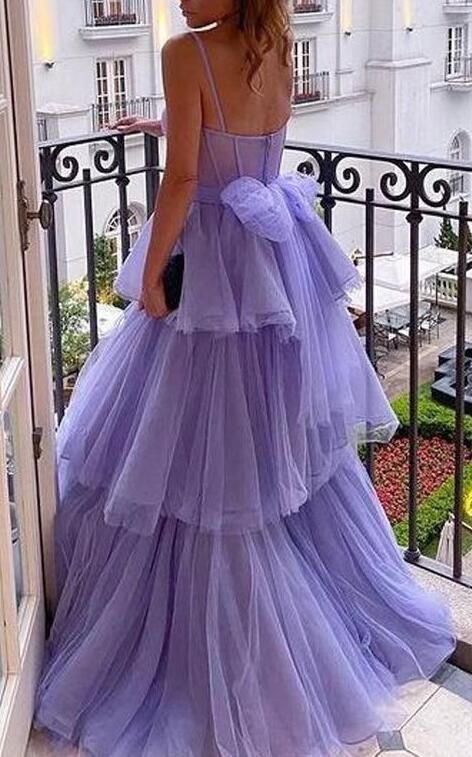 Straps Tulle Long Prom Dress with Ruffle Skirt