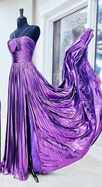 Straps Metallic Pleated Long Prom Dress with Key Hole Bodice and Slit DressesTailor Straps Metallic Pleated Long Prom Dress with Key Hole Bodice and Slit DressesTailor