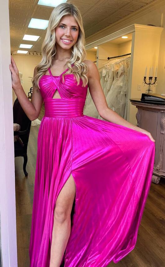Straps Metallic Pleated Long Prom Dress with Key Hole Bodice and Slit