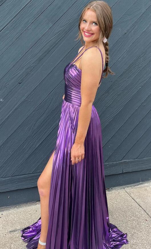 Straps Metallic Pleated Long Prom Dress with Key Hole Bodice and Slit
