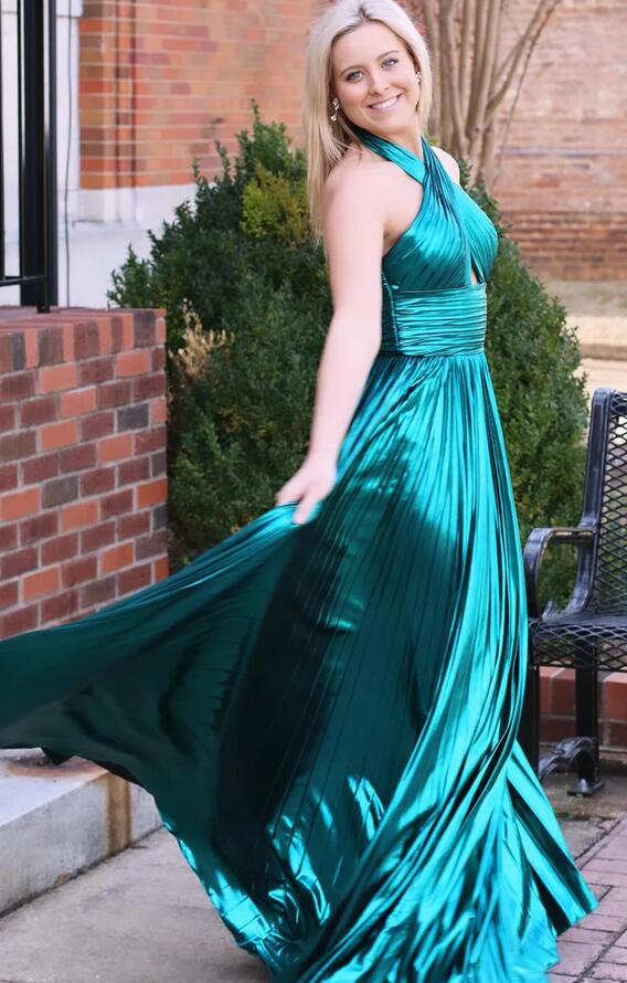 Halter Metallic Pleated Long Prom Dress with Key Hole Bodice and Slit