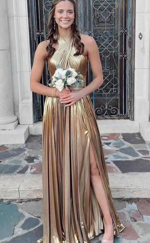 Halter Metallic Pleated Long Prom Dress with Key Hole Bodice and Slit