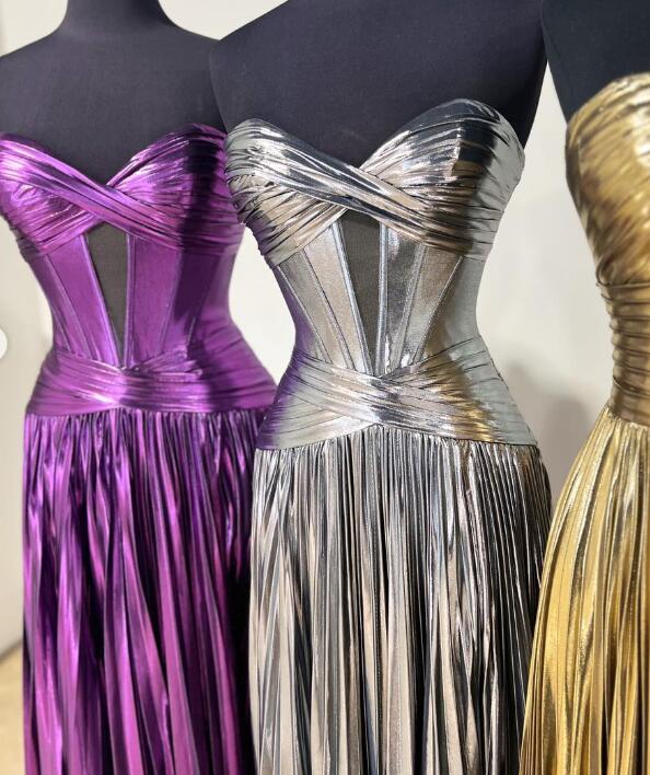 Strapless Metallic Pleated Long Prom Dress