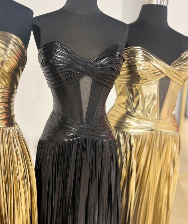 Strapless Metallic Pleated Long Prom Dress