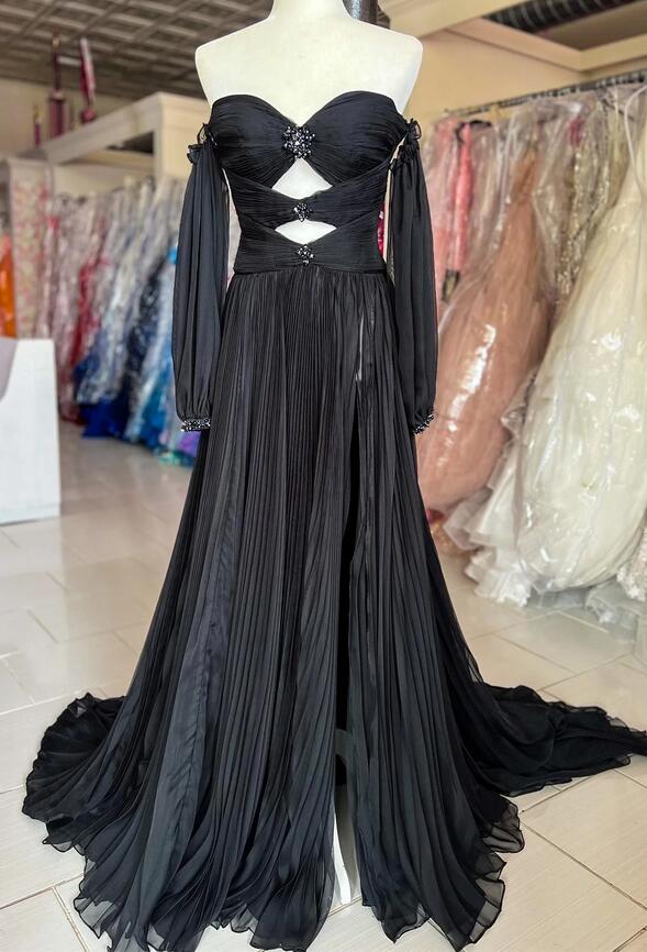 Strapless Pleated Long Prom Dress with Key Holes and Removable Sleeves