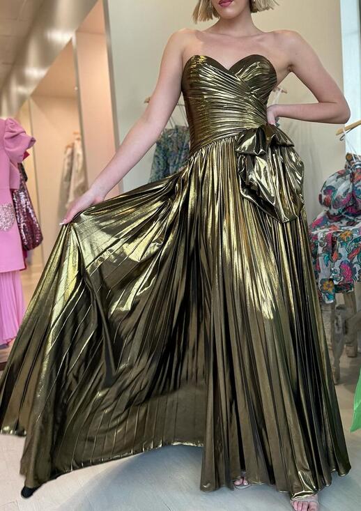 Strapless Metallic Pleated Long Prom Dress with Slit DressesTailor Strapless Metallic Pleated Long Prom Dress with Slit DressesTailor