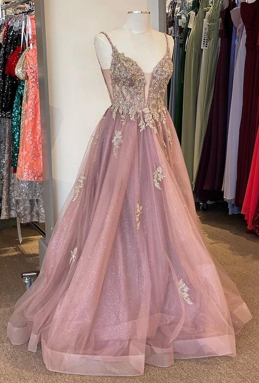 Straps Lace/Tulle Long Prom Dress with Beading