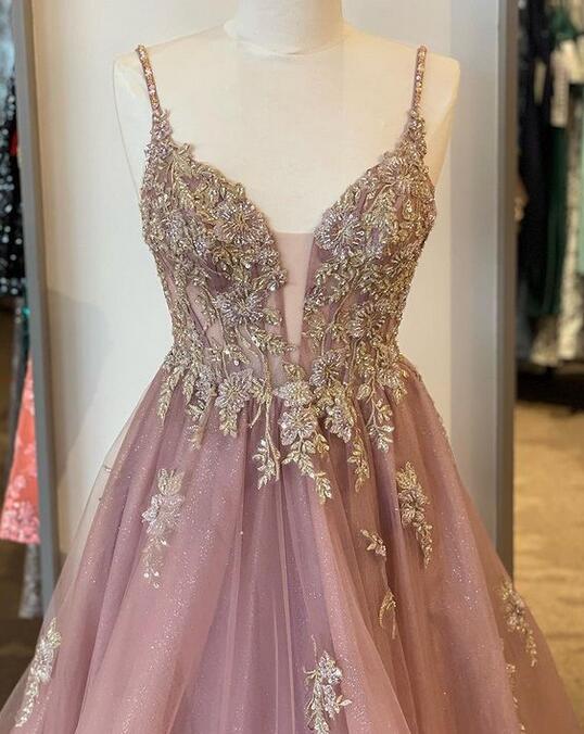 Straps Lace/Tulle Long Prom Dress with Beading