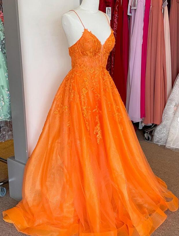 Orange Straps Lace/Tulle Long Prom Dress