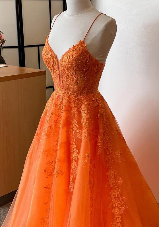 Orange Straps Lace/Tulle Long Prom Dress