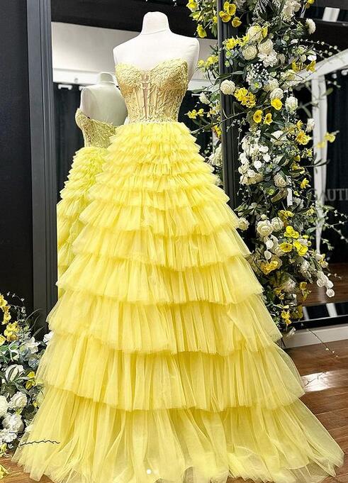 Strapless Tulle Long Prom Dress with Lace Top and Ruffle Skirt
