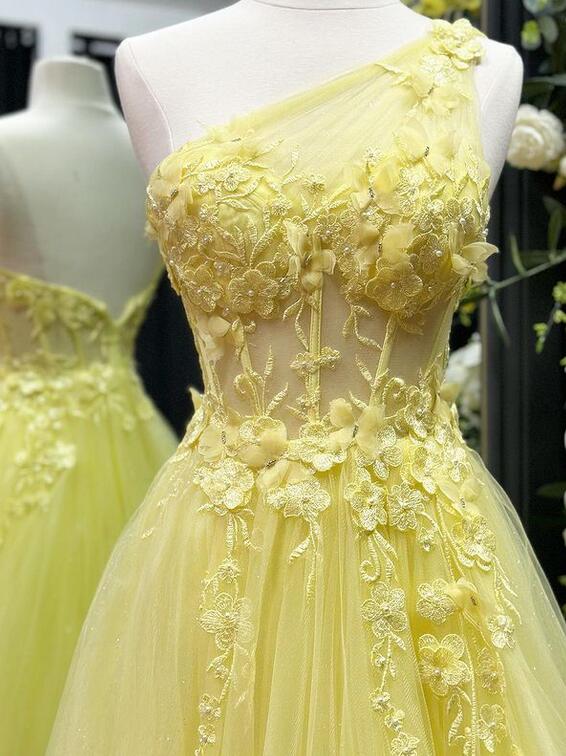 One Shoulder Tulle Long Prom Dress with Appliques