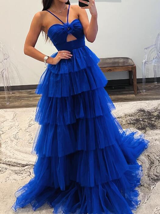 Tulle Long Prom Dress with Key Hole and Ruffle Skirt