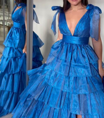 V-neck Open Back Ball Gown Long Prom Dress with Ruffle Skirt