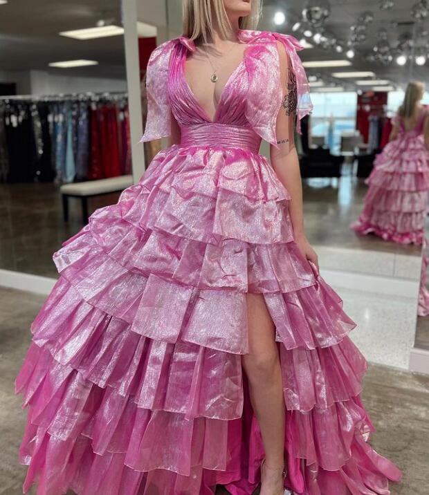 V-neck Open Back Ball Gown Long Prom Dress with Ruffle Skirt